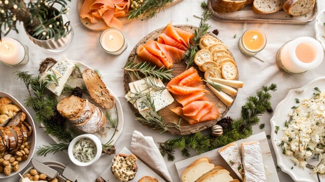 Festive table setting with assorted smoked salmon and cheese platter, candles, and festive decorations. Concept of holiday feast, gourmet food, celebration, dining