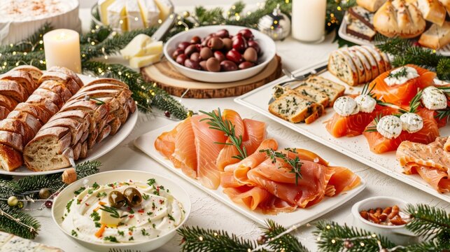 Festive table setting with assorted smoked salmon and cheese platter, candles, and festive decorations. Concept of holiday feast, gourmet food, celebration, dining