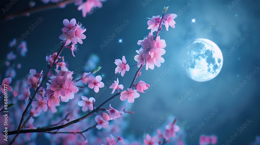 Sticker Romantic night scene - Beautiful pink flower blossom in night skies with full moon. sakura flower in night