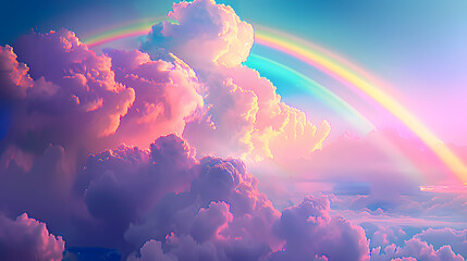 A fairy tale landscape of the sky, thick pink clouds and colorful beautiful rainbow, gentle vivid colors. Imagination and beauty.
