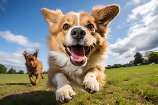 Adorable perro jugueton jugando, corriendo y saltando con su amigo perruno en la pradera o en un parque lleno de cesped y arboles. Generative Ai.