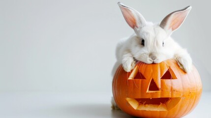 White rabbit peeking out of carved pumpkin for Halloween. Concept of cute animals, holiday decorations, autumn, festive symbols