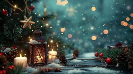 A festive Christmas 3D background with lights, ornaments, and a glowing fireplace creates a cozy ambiance.