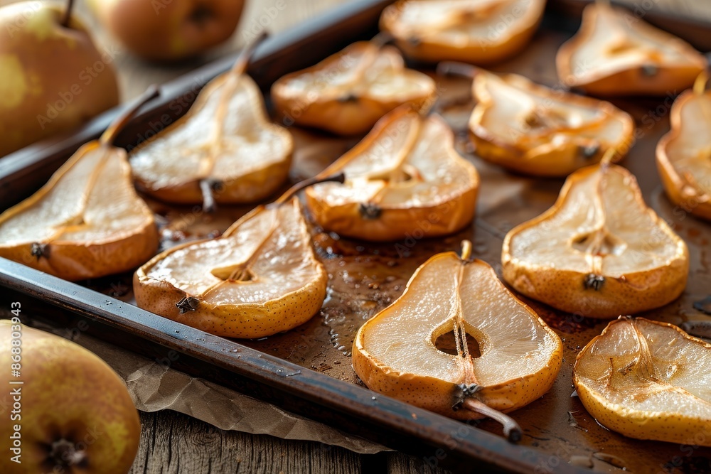 Poster sun dried pears on tray from summer drying