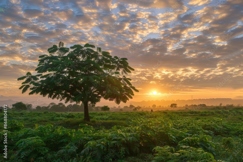 Wall mural sunset on cassava tree farm