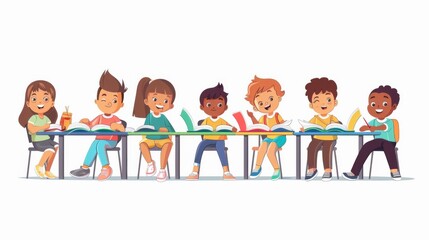 Fototapeta premium school children studying together illustration