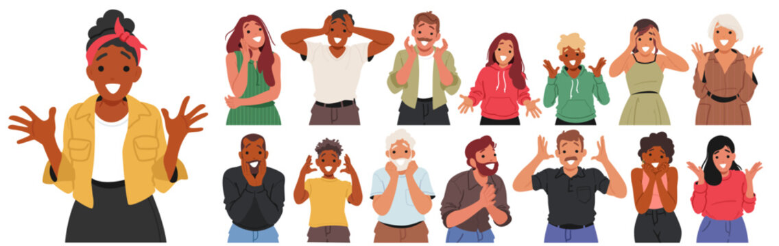 Set Of Diverse Cartoon Male And Female Characters Expressing Surprise And Happiness. People Showing Their Emotions
