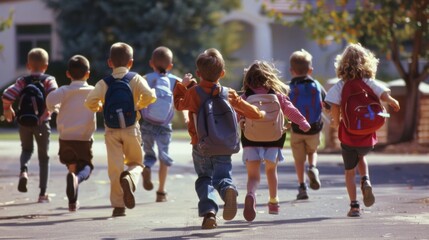 Obraz premium group of school children running to school. back to school concept