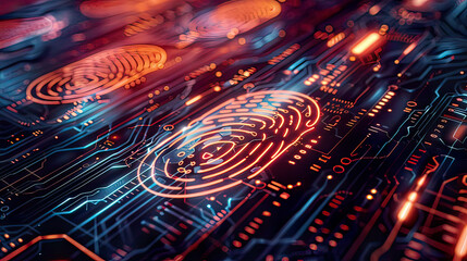 Obraz premium Digital fingerprint authentication system, detailed biometric patterns, glowing holographic elements, modern tech design