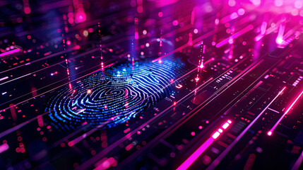Fototapeta premium Digital fingerprint authentication system, detailed biometric patterns, glowing holographic elements, modern tech design