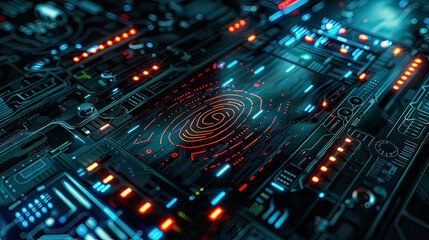 Digital fingerprint authentication system, intricate biometric patterns, glowing holographic elements, futuristic tech design