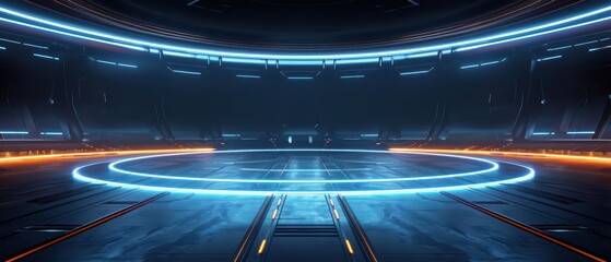 Abstract depiction of a futuristic sport arena with geometric shapes and glowing highlights with copy space