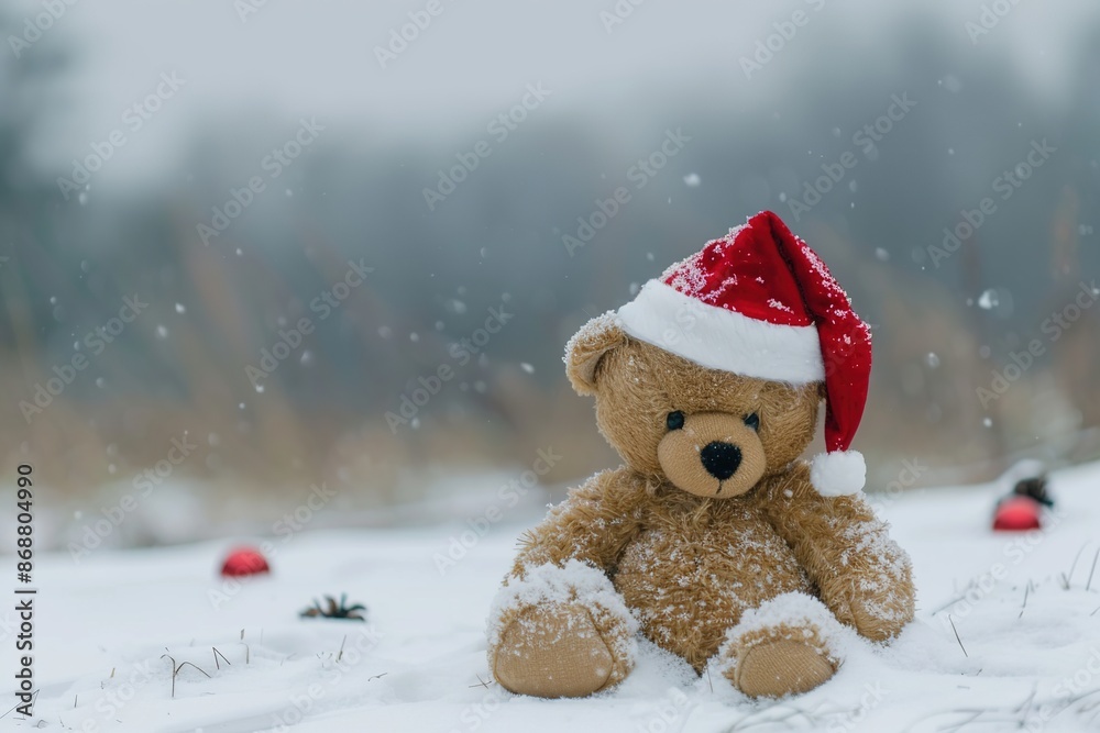 Sticker sad christmas, end of holiday, loneliness, solitude, depression concept. toy teddy bear with santa h