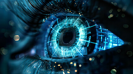 Digital iris scan for biometric security, detailed biometric interface, glowing holographic elements, sleek futuristic design,