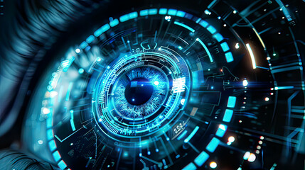 Digital iris scan for biometric security, detailed biometric interface, glowing holographic elements, sleek futuristic design