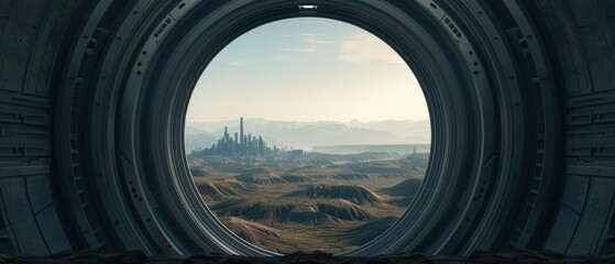 Abstract depiction of an empty wooden frame with futuristic nature and city elements with copy space