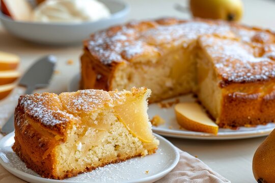 Traditional Italian recipe for delicious sponge cake with pear and yogurt