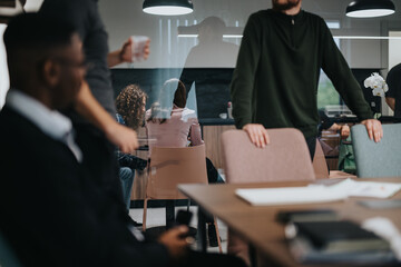 A modern office environment captures a diverse team of business professionals engaging in a collaborative discussion during a casual meeting setup.