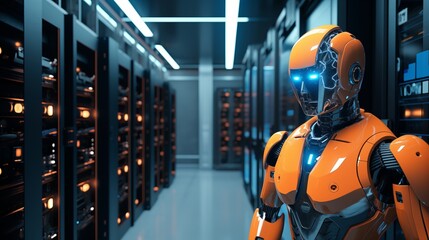 illustration of robot in server room