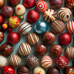 Obraz premium Various chocolates displayed in an organized layout, showcasing a variety of flavors.