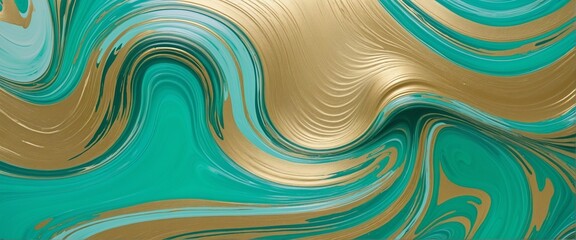 Colourful panorama of a swirling turquoise wave texture banner painting with marbled fluid design and golden accents