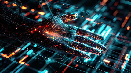 Hand vein biometric identification, intricate digital patterns, glowing holographic elements, sleek futuristic design