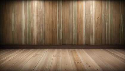Vintage inspired indoor product display backdrop with a stripped wooden floor and textured brown wall, creating an empty modern room template for showcasing products in a stylish, shadowed setting