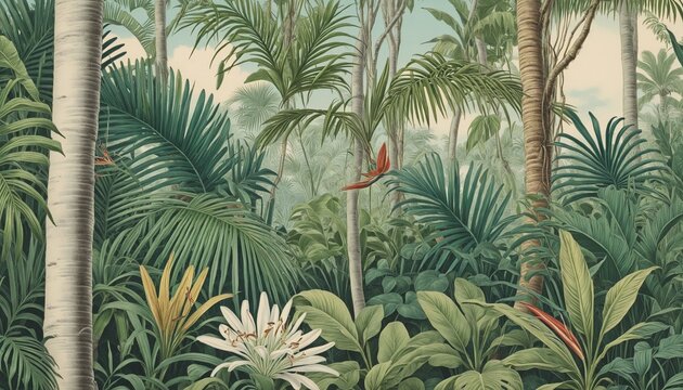 Fototapeta Vintage tropical botanical illustration of a lush jungle paradise