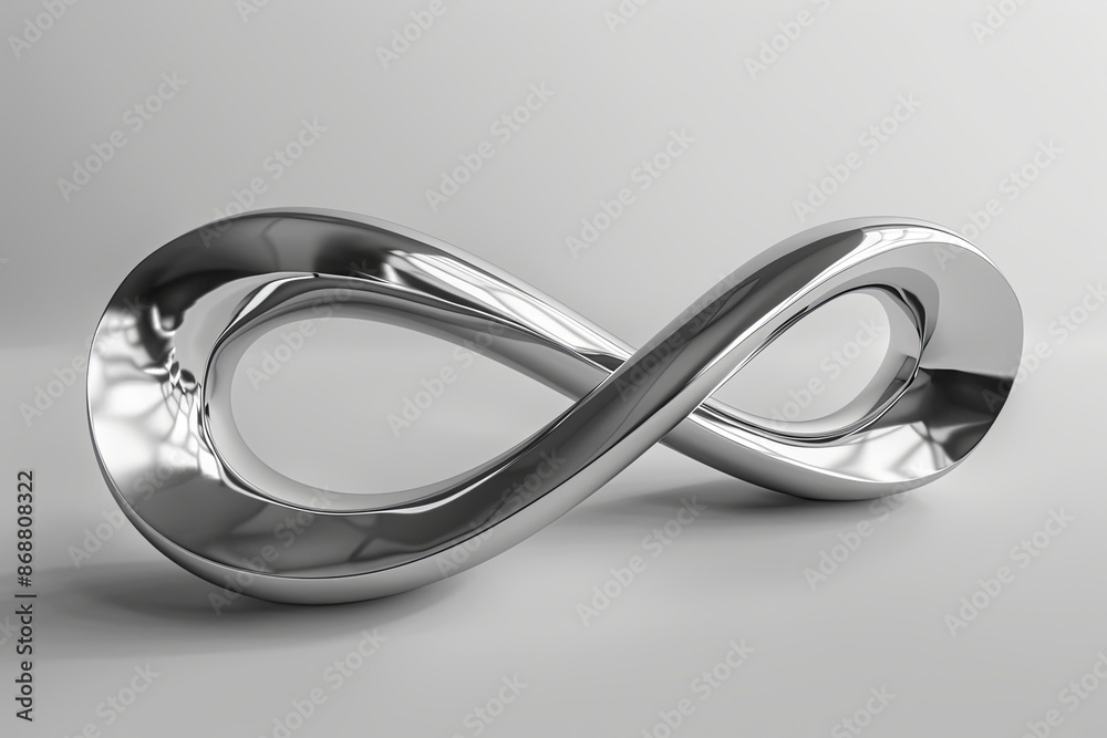 Poster a polished chrome sculpture in the shape of a continuous infinity loop, reflecting light in a studio