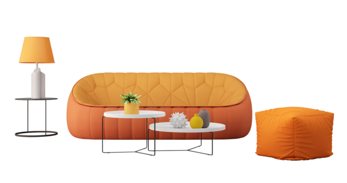 Modern orange and yellow sofa with soft seat and table isolated PNG.Generative AI