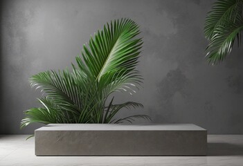 Luxurious nature-themed mockup for beauty product promotion featuring exotic stone pedestal, lush green jungle leaves, and modern gray background with ample copy space