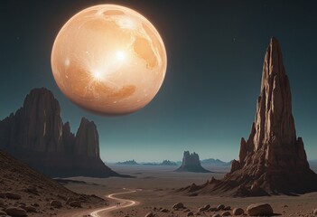 Futuristic horror in the misty glowing landscape of an isolated alien planet