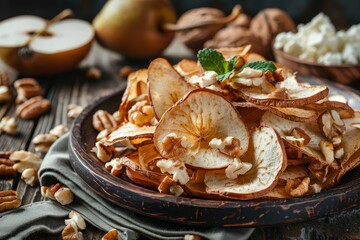 Vegan dessert Pear chips with cottage cheese and walnuts sugar free served for a restaurant buffet