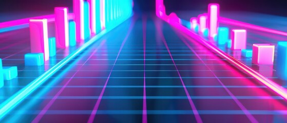 Hightech illustration of financial graphs with vibrant neon accents and modern aesthetics with copy space