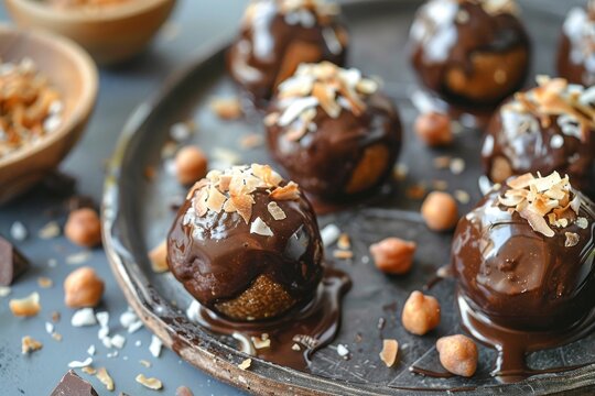 Vegan energy balls with chickpeas peanut butter chocolate glaze and coconut chips Raw sugar free dessert