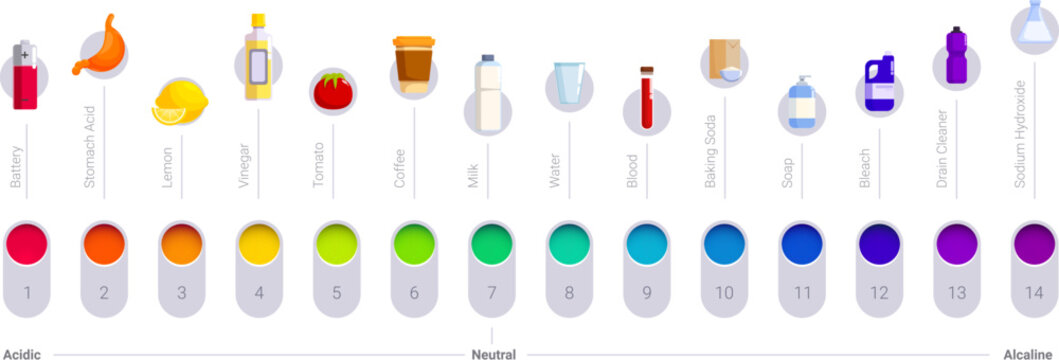 Ph scale icons set. Colorful infographic showing ph scale with common substances ranging from acidic battery to alkaline sodium hydroxide