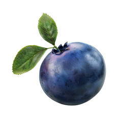 Obraz premium A high-quality image of a single blueberry with green leaves, isolated on a white background. Ideal for food and nutrition concepts.