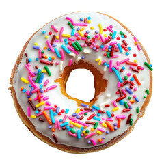 Delicious donut with white icing and colorful sprinkles, isolated on a white background. Perfect for bakery or dessert-themed projects.