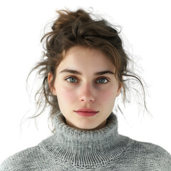 Fototapeta premium Portrait of a young woman with tousled hair and a grey sweater, looking directly at the camera with a neutral expression.