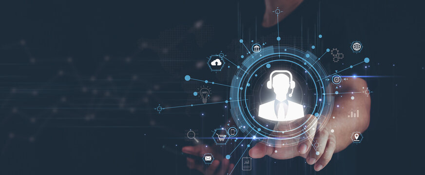 Business people click Customer Support on global structure network, Customer Service, Assistance, Solutions, Satisfaction, and Accessibility. Technical support customer service call center 24-7 online