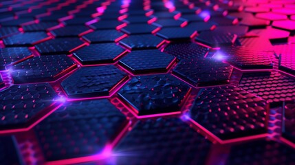 A cutting-edge 3D background with hexagonal patterns and dynamic neon highlights; futuristic aesthetic.