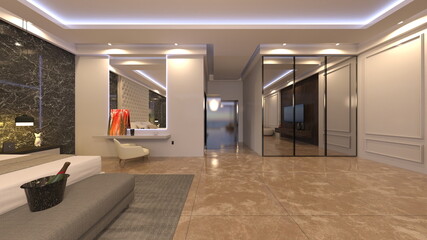 大きな窓があるリビングルーム　3DCGレンダリング