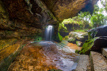 Sum syiem falls cave waterfall near garden of cave at Laitmawsiang Village Meghalaya, India.