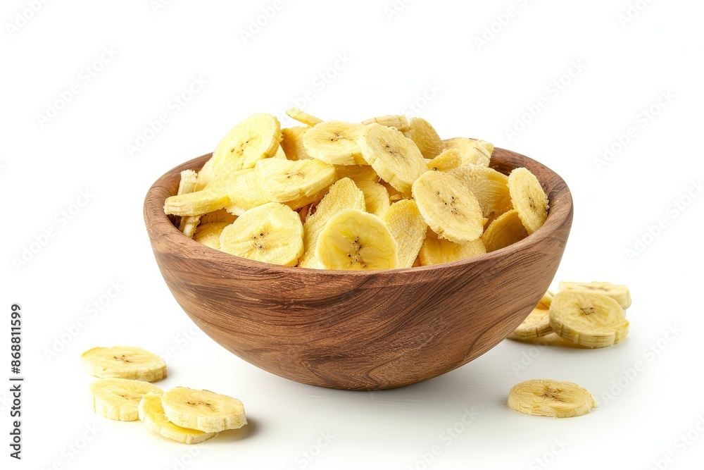 Poster banana chips in bowl white background