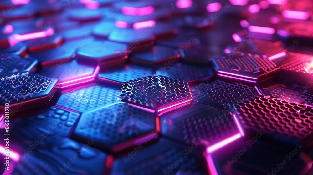 Poster a cutting-edge 3d backdrop with hexagonal patterns and neon accents, creating a dynamic visual exper