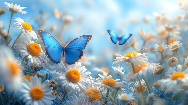 Blue butterflies fluttering around white daisies in a dreamy spring meadow. Beautiful scene of blue butterflies and daisies under a bright blue sky in a floral landscape.