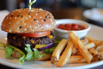 Bean burger with salad and fries