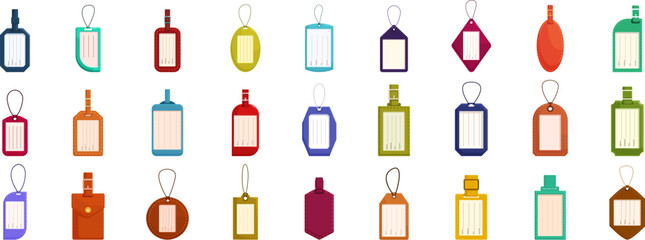 Luggage tag icons set. Diverse collection of luggage tags showcasing a variety of shapes, colors, and designs, perfect for travel and identification purposes
