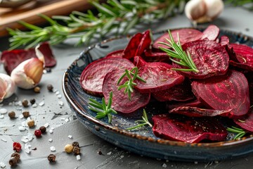 Beet chips with rosemary and garlic on table plate