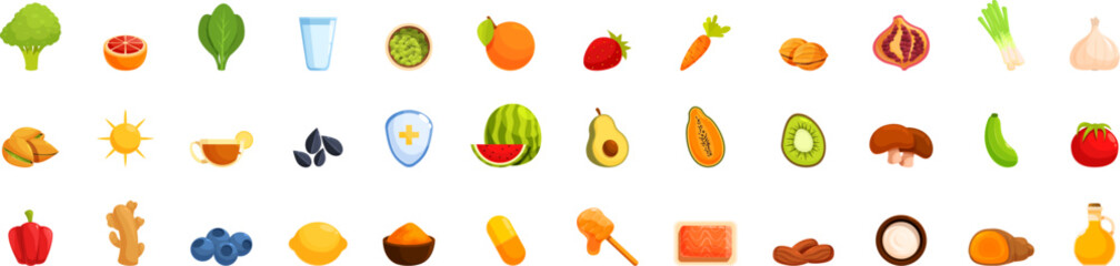 Boost immune icons set. Immune system boosting food icons set, healthy diet infographic with vitamins and minerals